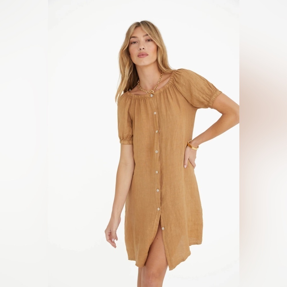 Marche Los Angeles Made in Italy The Antibes Linen Dress in Camello